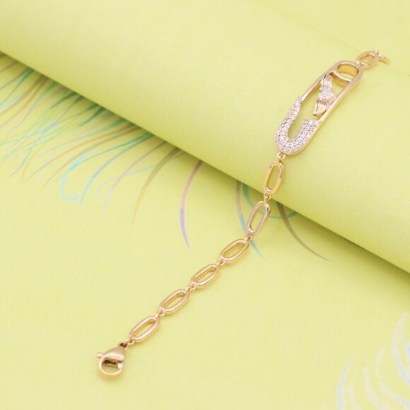 "Rose Gold Safety Pin Bracelet with Wing Detail, XPBL0781 - Picture 4 of 12